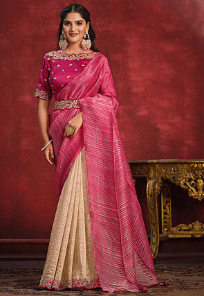 Pre Stitched Art Silk Accordian Saree in Pink and Beige
