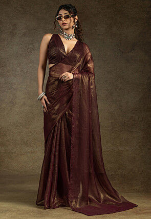Pre Stitched Art Silk Saree in Brown