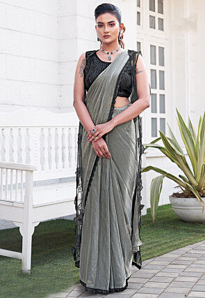 Pre Stitched Art Silk Saree in Grey