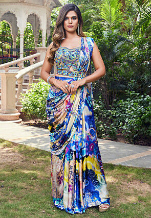 Pre Stitched Art Silk Saree in Blue and Multicolor
