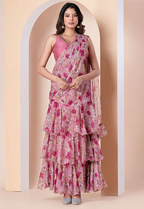 Pre Stitched Ruffled Georgette  Saree in Pink