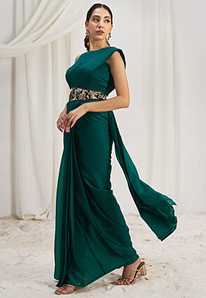 Pre Stitched Art Silk Saree in Teal Green