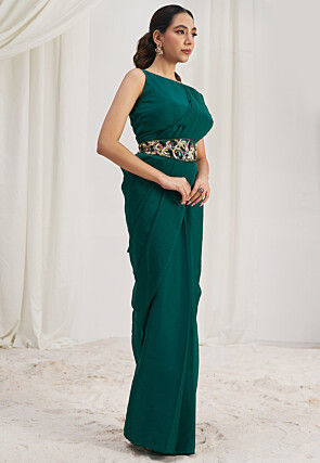 Pre Stitched Art Silk Saree in Teal Green