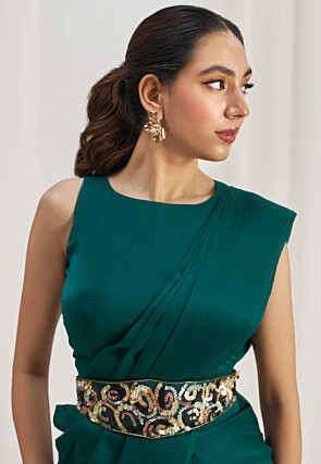 Pre Stitched Art Silk Saree in Teal Green