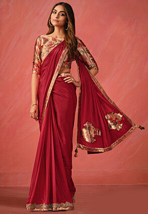 Pre Stitched Border Satin Silk Saree in Maroon
