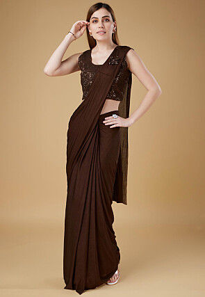 Brown And Black Embroidery Work Shimmer Saree -