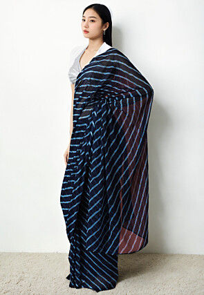 Pre Stitched Chiffon Saree in Dark Blue