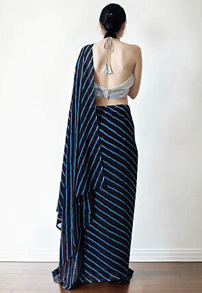 Pre Stitched Chiffon Saree in Dark Blue