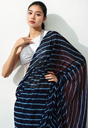 Pre Stitched Chiffon Saree in Dark Blue