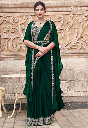 Pre Stitched Chiffon Saree in Dark Green