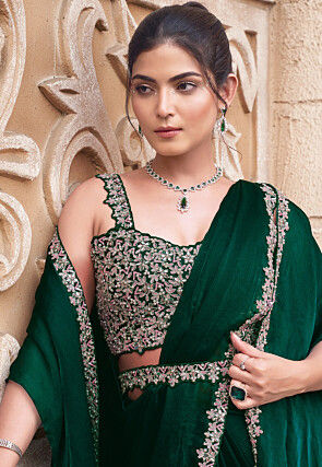 Pre Stitched Chiffon Saree in Dark Green