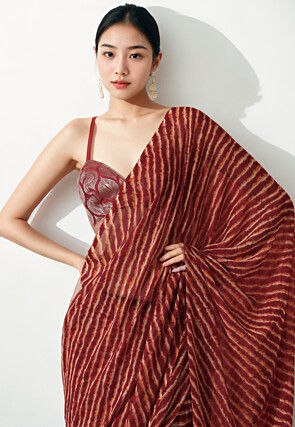 Pre Stitched Chiffon Saree in Maroon