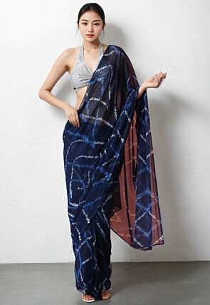 Pre Stitched Chiffon Saree in Navy Blue