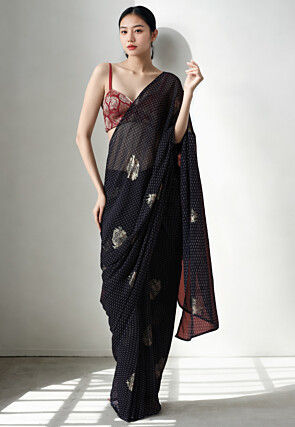 Pre Stitched Art Silk Saree in Navy Blue