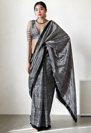 Pre Stitched Chinon Chiffon Saree in Black and White