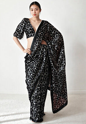 Pre Stitched Chinon Chiffon Saree in Black