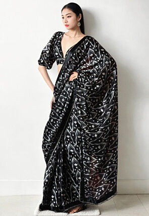 Pre Stitched Chinon Chiffon Saree in Black