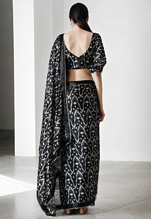 Pre Stitched Chinon Chiffon Saree in Black