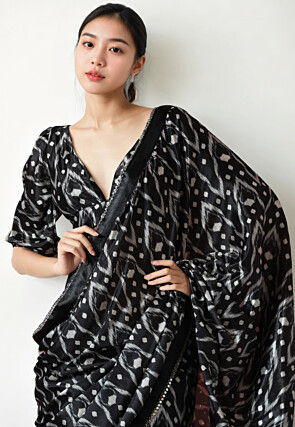 Pre Stitched Chinon Chiffon Saree in Black
