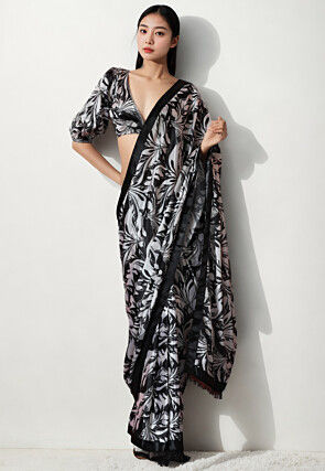 Pre Stitched Chinon Chiffon Saree in Black