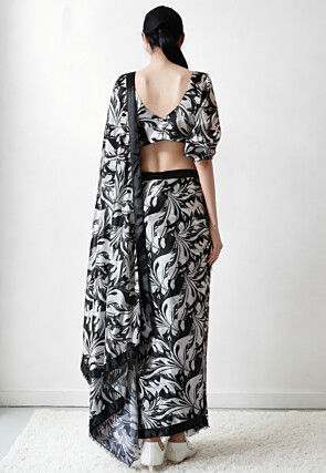 Pre Stitched Chinon Chiffon Saree in Black