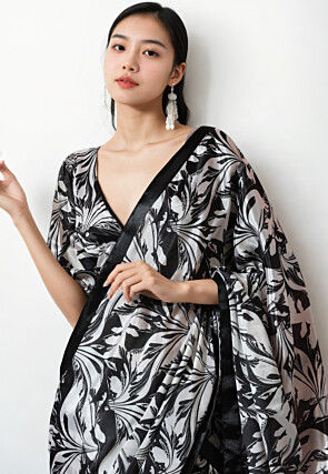 Pre Stitched Chinon Chiffon Saree in Black