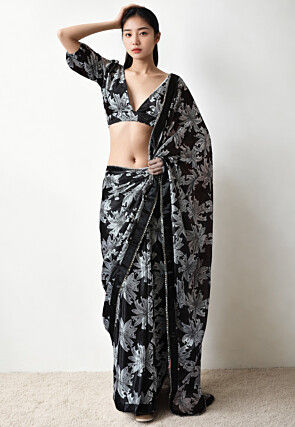 Pre Stitched Chinon Chiffon Saree in Black