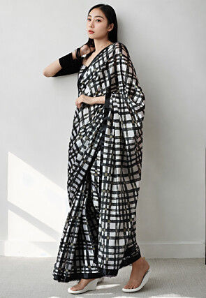 Pre Stitched Chinon Chiffon Saree in Black