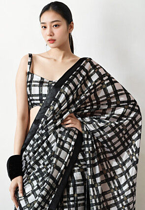 Pre Stitched Chinon Chiffon Saree in Black