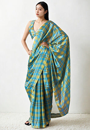 Pre Stitched Chinon Chiffon Saree in Blue and Yellow