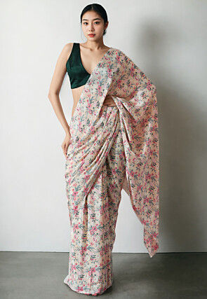 Pre Stitched Chinon Chiffon Saree in Light Beige