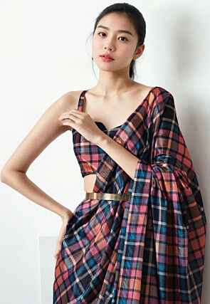 Pre Stitched Chinon Chiffon Saree in Multicolor