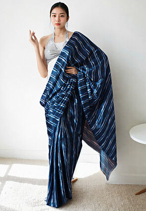 Pre Stitched Chinon Chiffon Saree in Navy Blue