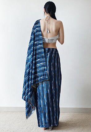 Pre Stitched Chinon Chiffon Saree in Navy Blue