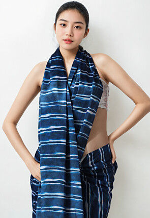 Pre Stitched Chinon Chiffon Saree in Navy Blue