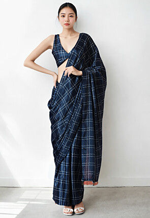 Pre Stitched Chinon Chiffon Saree in Navy Blue