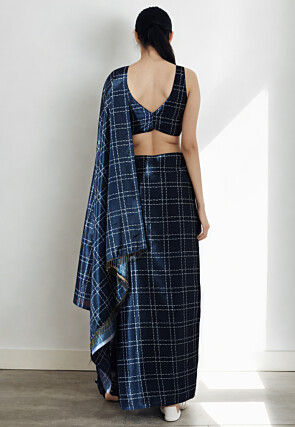 Pre Stitched Chinon Chiffon Saree in Navy Blue