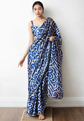 Pre Stitched Chinon Chiffon Saree in Off White and Blue