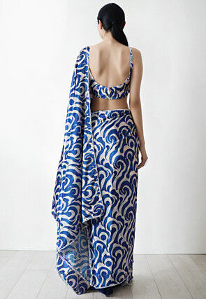 Pre Stitched Chinon Chiffon Saree in Off White and Blue