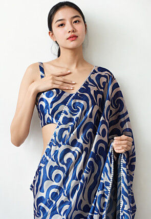 Pre Stitched Chinon Chiffon Saree in Off White and Blue
