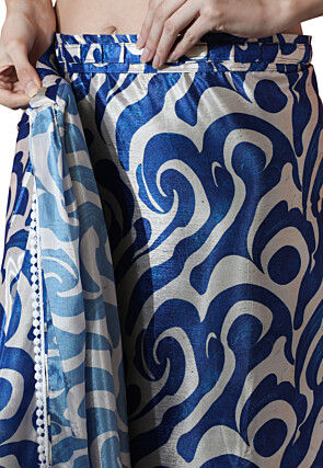 Pre Stitched Chinon Chiffon Saree in Off White and Blue