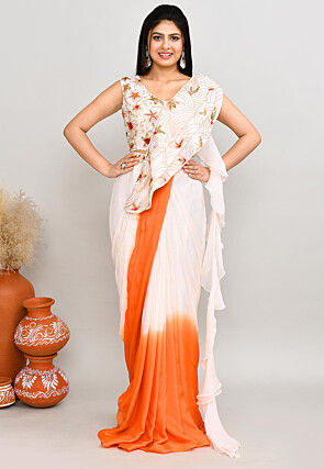 Pre Stitched Chinon Chiffon Saree in Off White and Orange