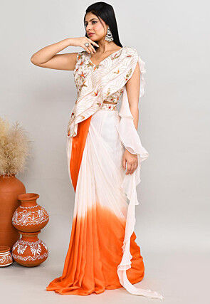 Pre Stitched Chinon Chiffon Saree in Off White and Orange