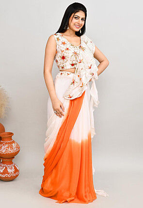 Pre Stitched Chinon Chiffon Saree in Off White and Orange
