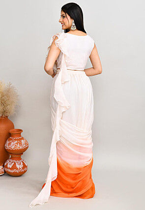Pre Stitched Chinon Chiffon Saree in Off White and Orange