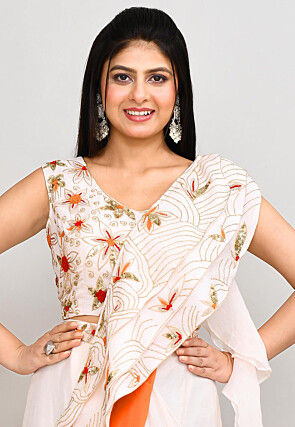 Pre Stitched Chinon Chiffon Saree in Off White and Orange