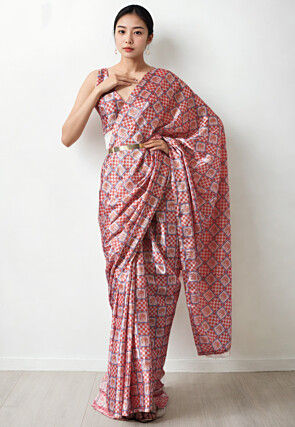 Pre Stitched Chinon Chiffon Saree in Off White and Peach