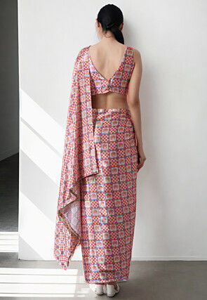 Pre Stitched Chinon Chiffon Saree in Off White and Peach