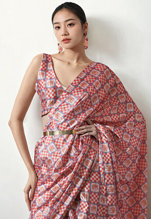 Pre Stitched Chinon Chiffon Saree in Off White and Peach