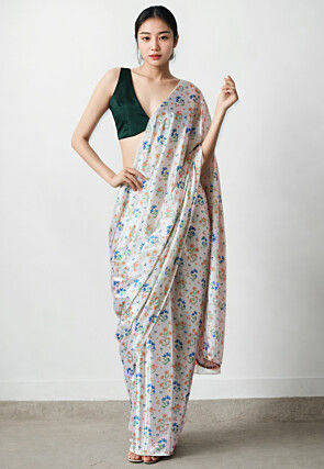Pre Stitched Chinon Chiffon Saree in Off White